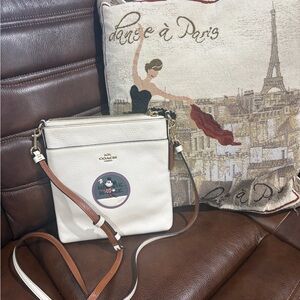 Coach White Pebbled Leather Crossbody with Brown Strap and Mickey Patch